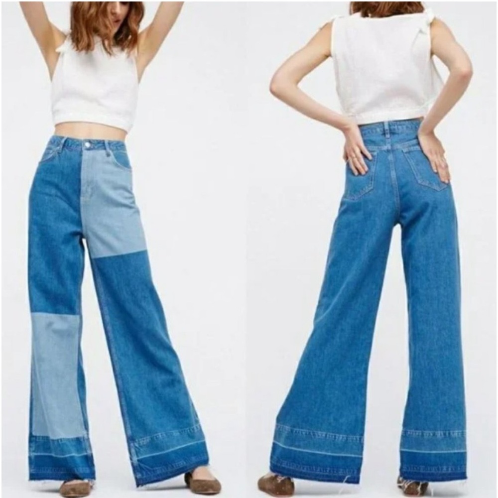 Free People Wide Leg Two Tone Patchwork Jeans Open Hem 27
